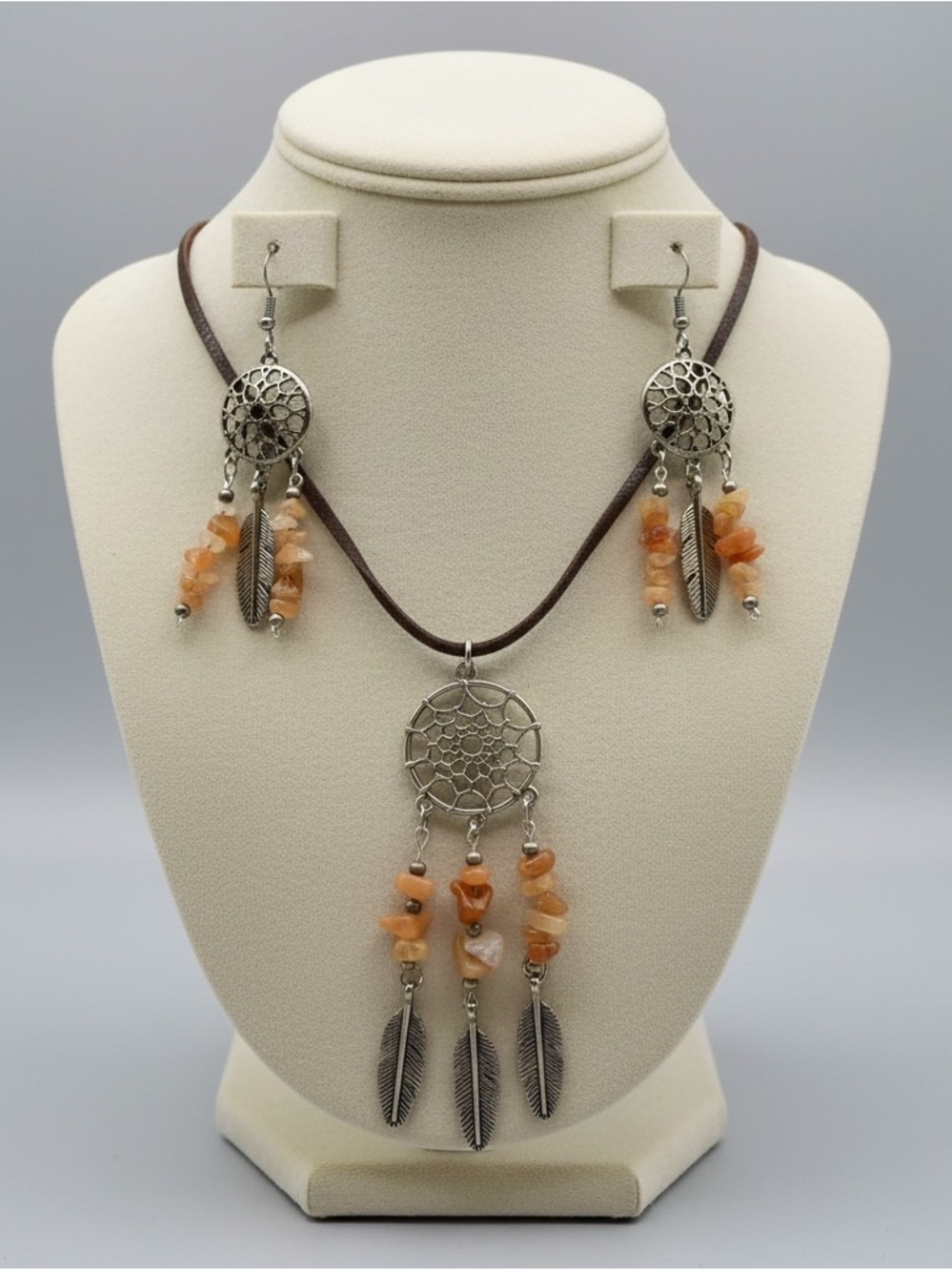 Boho Dreamcatcher Necklace & Earring Set in Orange